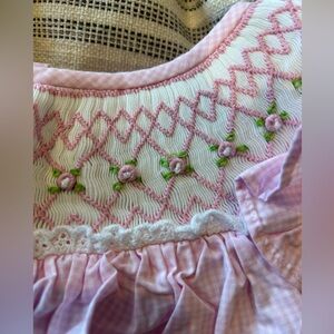 Cecil & Lou rosebud bubble. Smocked, pink gingham with embroidered rose buds 3T